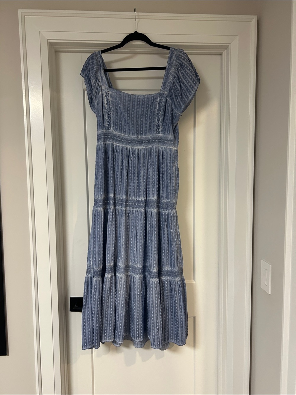 American Eagle Outfitters Light Blue Tiered Square-Neck Midi Dress